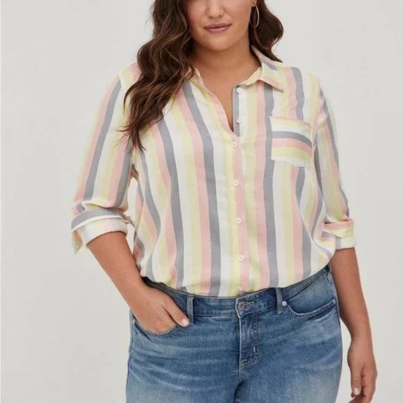 Torrid Lizzie Shirt Button Up Stretch Challis Stripe Long Sleeve Plus Size 1X - Picture 1 of 8
